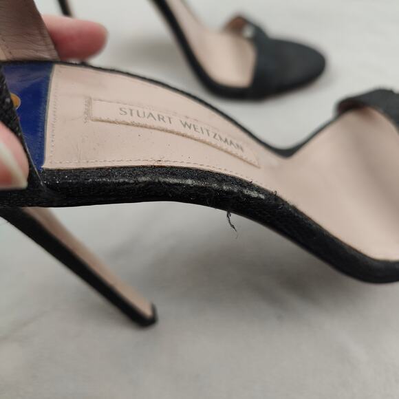 Stuart Weitzman‎ The Ruby Nudist Heels Womens 8 Black Glitter Sandals Shoes Glam - Picture 5 of 11